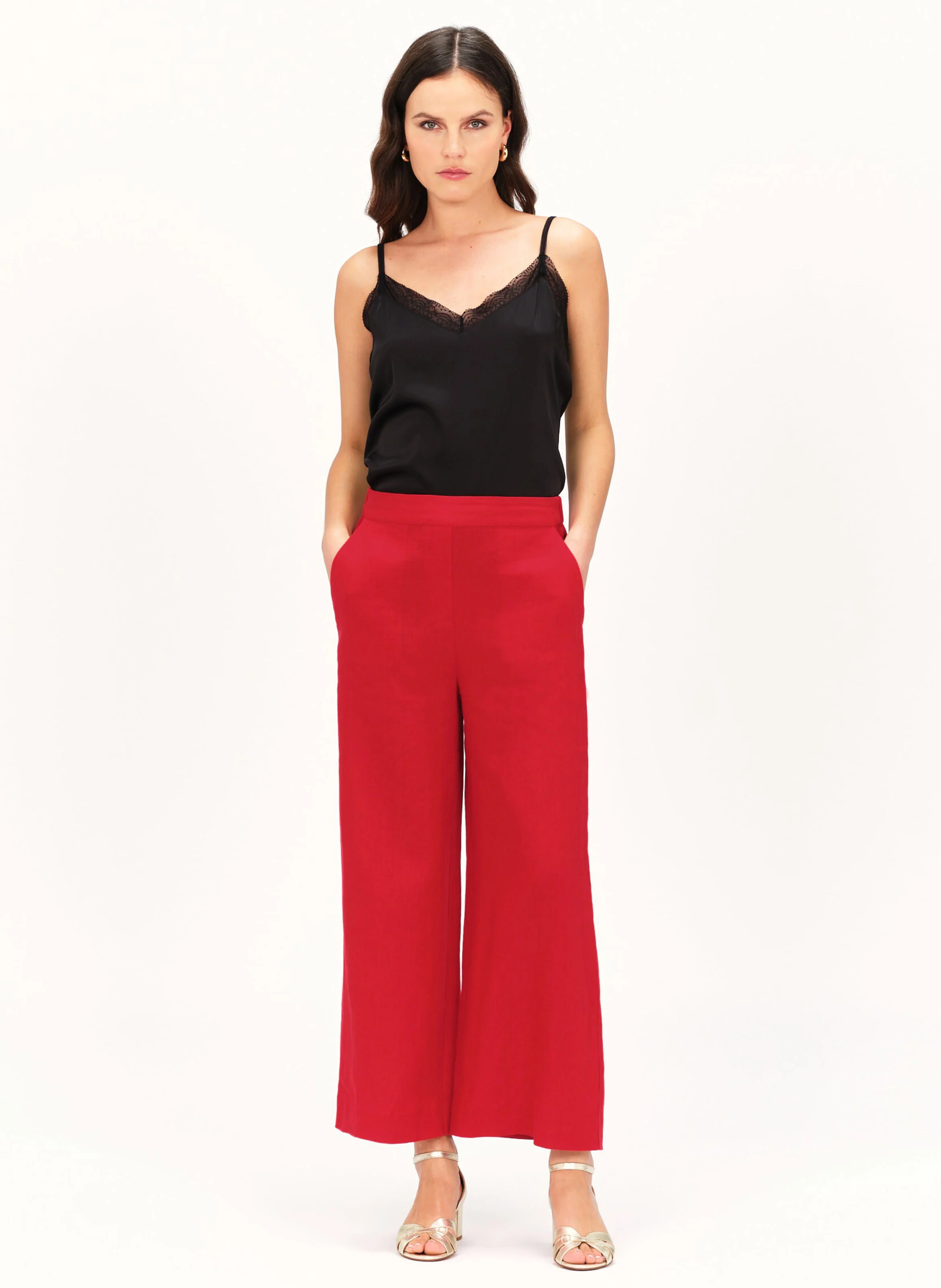 PANDI - Pantalon large taille haute en lin | Rouge