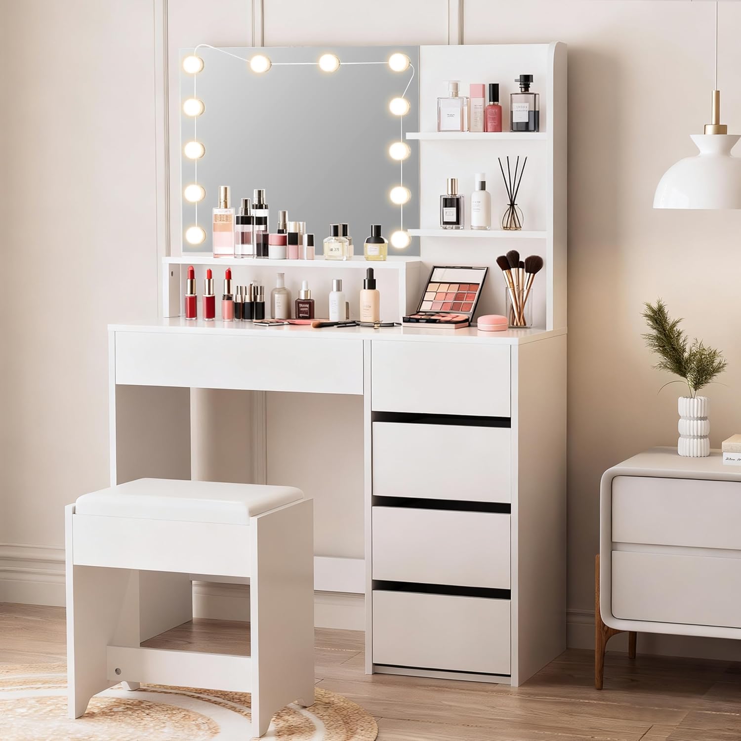 Schminktisch mit 12 LED-Beleuchtung, Hocker, Frisiertisch mit Große Spiegel, Schminktische mit Mehreren Schubladen, Schminktisch-Set mit Lichtern und Hocker 5 verdeckte Regalböden Weiß