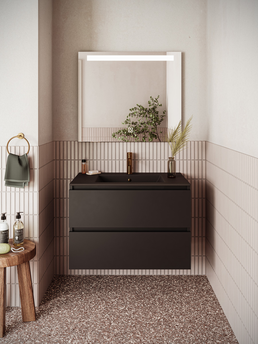 Fontana Rovigo badmeubel 80cm zwart mat met zwarte wastafel met kraangat en spiegel met verlichting