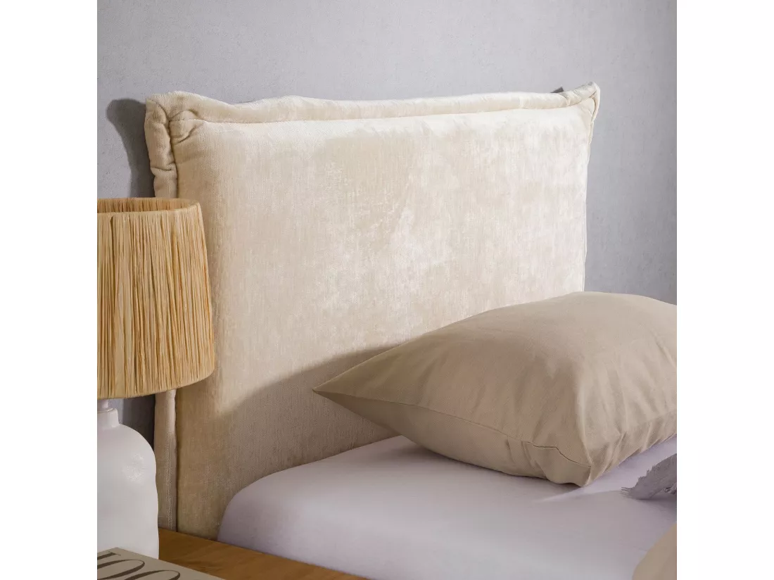 Tête de lit DELMO 90 rembourrée, En tissu polyester pour lit 90 cm, Sur pieds en bois, Blanc crème