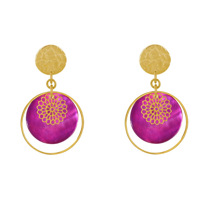Boucles d'Oreilles Clous Métal Doré Cercle et Pastille de Nacre