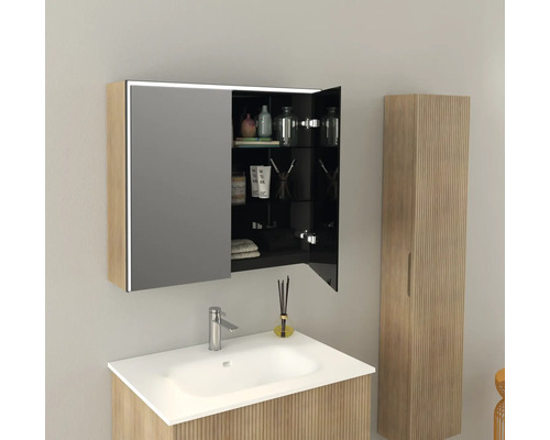 Jungborn QUATTRO SEDICI NOVE spiegelkast, 80 x 20 x 70 cm, tabakskleur, 2-deurs, LED, IP 44