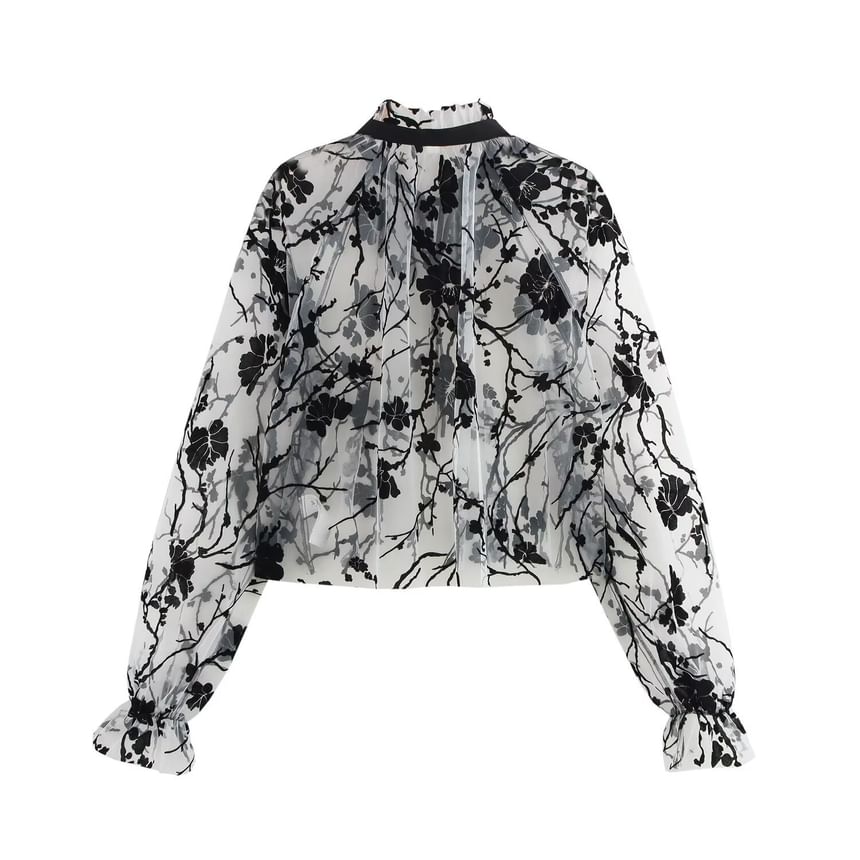 Avauntgardo - Blouse met lange mouwen, opstaande kraag, bloemenprint en doorschijnende strik aan de voorkant