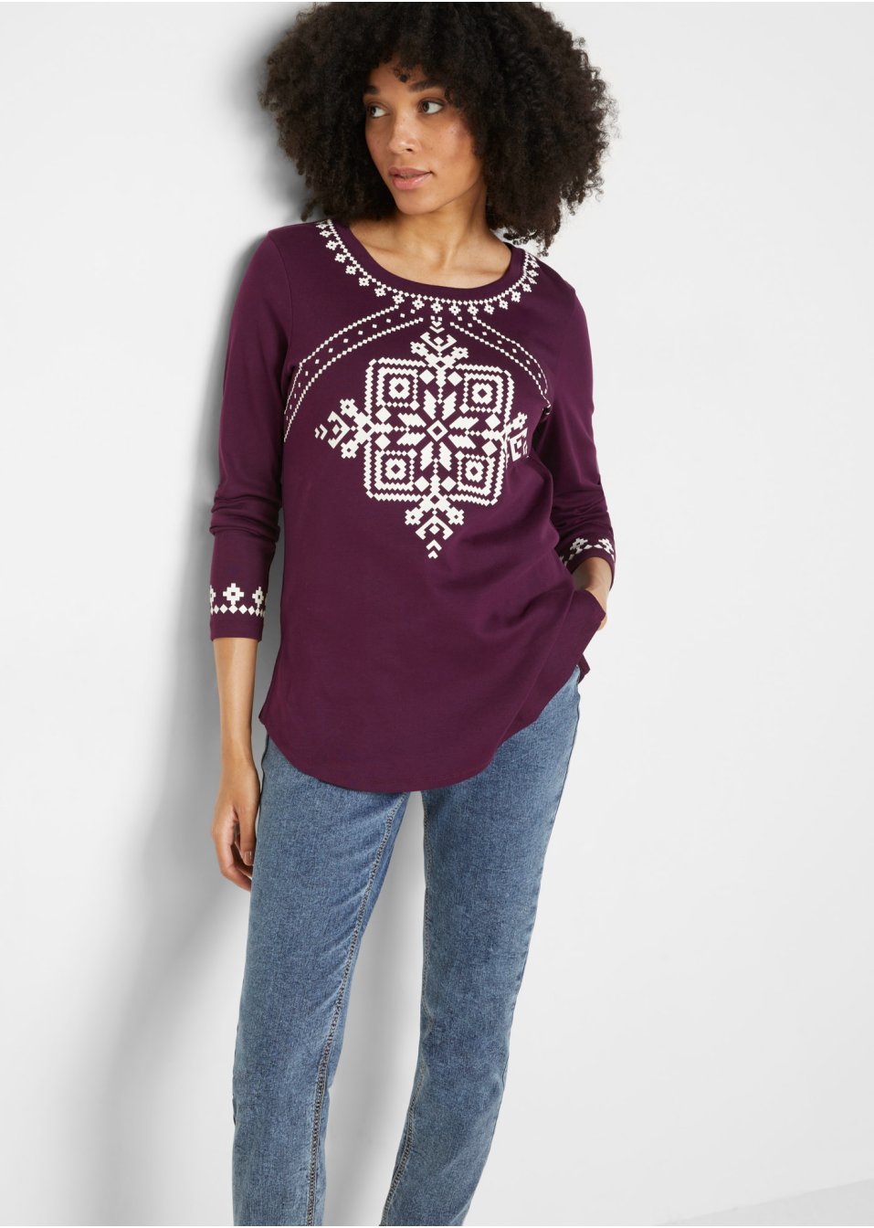 T-shirt manches longues coton côtelé à motif norvégien