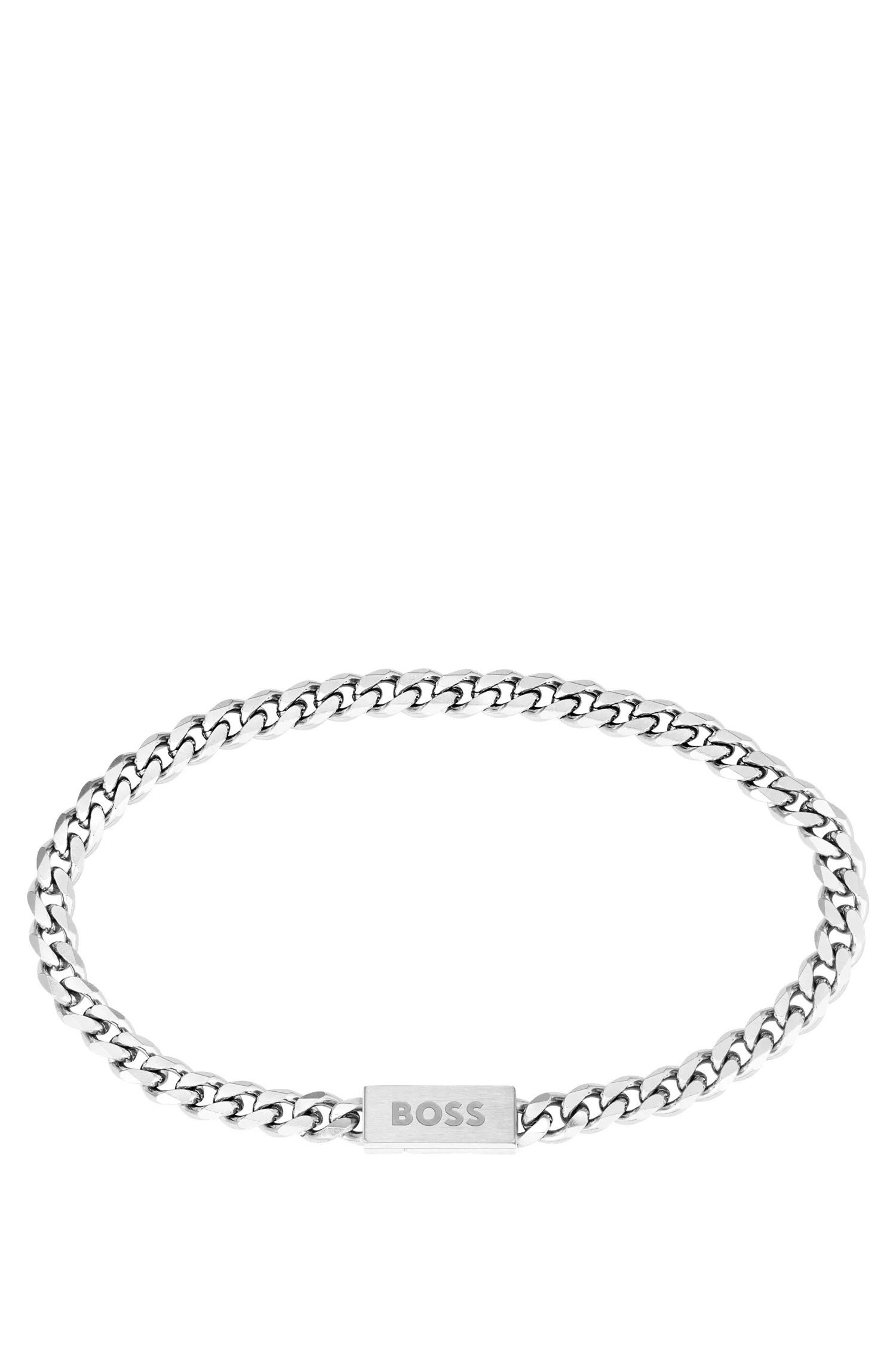 Bracelete BOSS laranja com corrente em aço inoxidável e fecho personalizado.