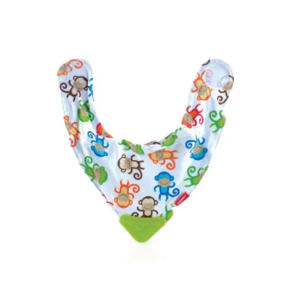 Babador Nuby com protetor de dentição, estampa de macaco, para bebês a partir de 3 meses.