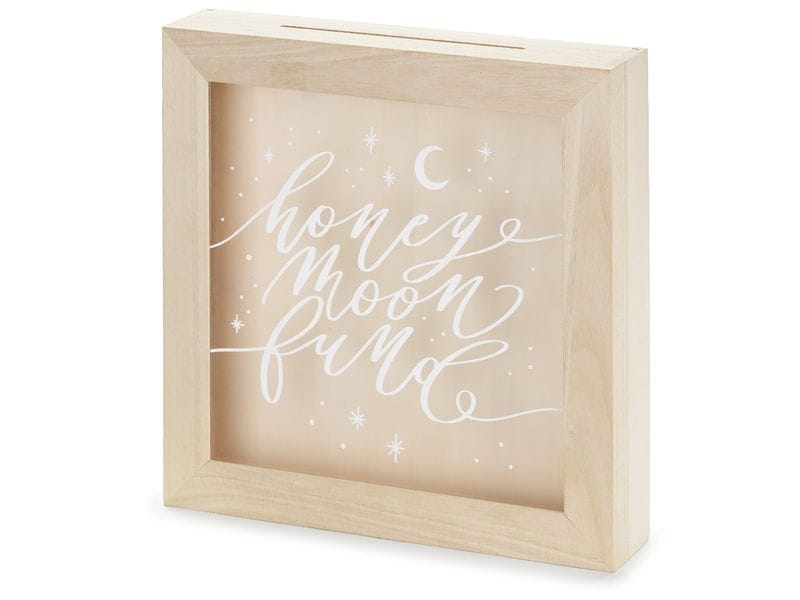 Partydeco Spardose Honeymoon Fund Hochzeit Spardose aus Holz mit weisser Aufschrift auf Plexiglas