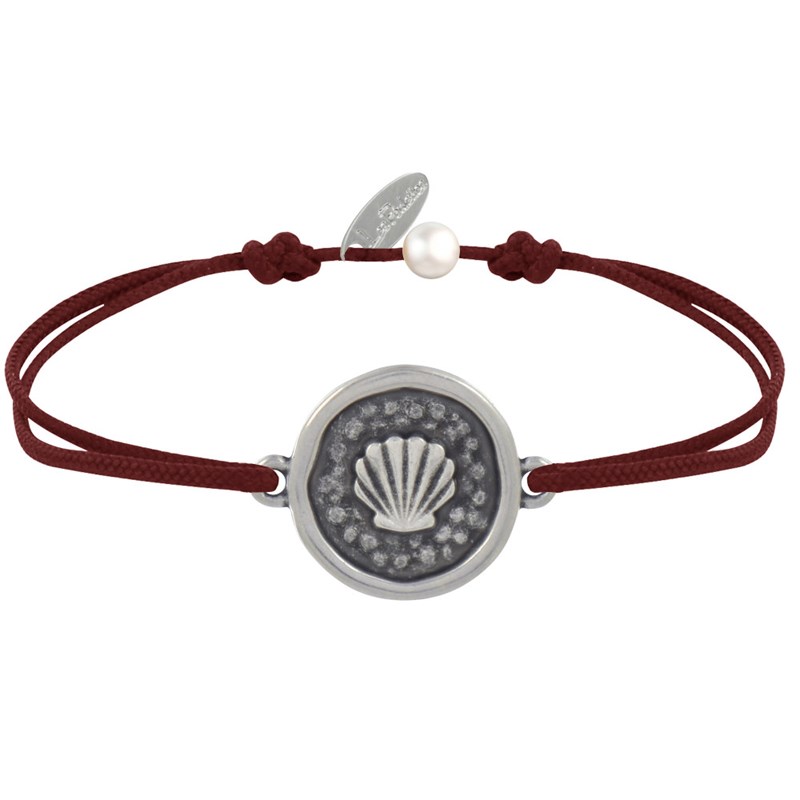 Bracelet Lien Médaille Ronde Laiton Argenté Coquillage - Marron foncé