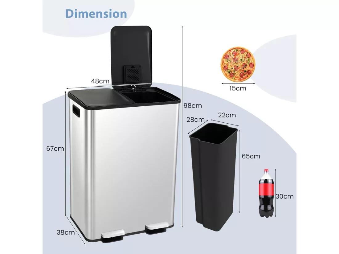 Poubelle Double Compartiments 2 x 30L, Poubelle Tri Selectif en Acier Métal, Anti-Empreinte, 2 Seaux Intérieurs en Plastique, Fermeture en Douceur, Casier pour Désodorisant