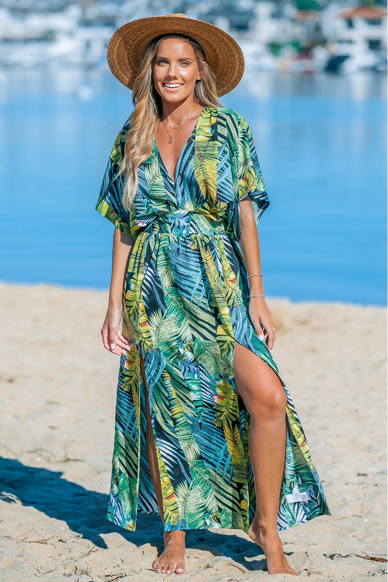 Robe maxi tropicale à double ourlet fendu