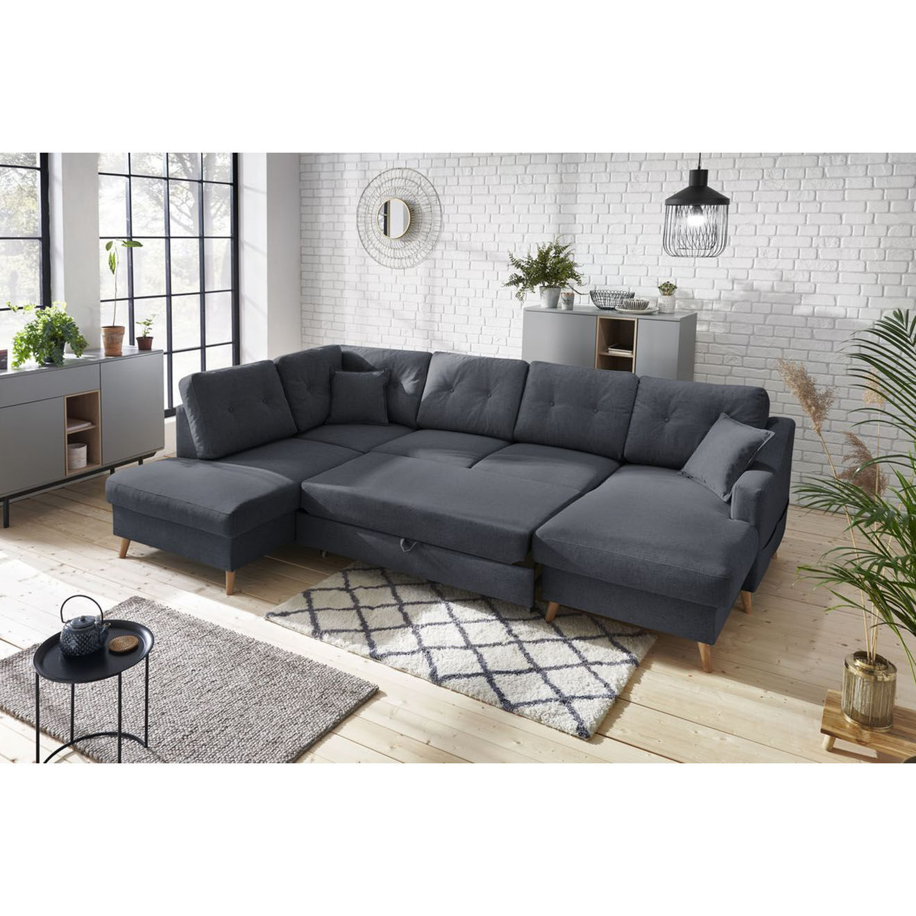 Bobochic Canapé d'angle panoramique convertible droit Sweden bleu foncé - 300x149/90/198x95 cm
