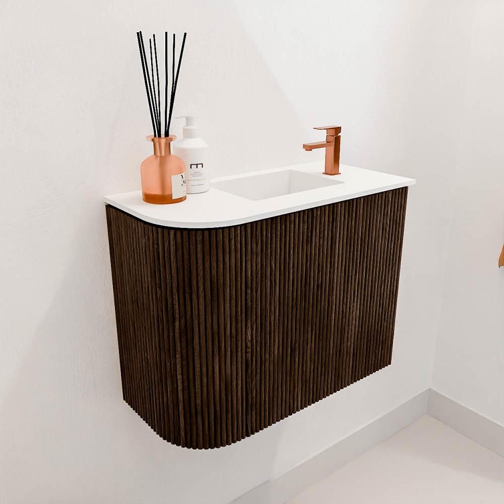Mondiaz Joya 50cm toiletmeubel ronding links walnut met wastafel faye rechts 1 kraangat talc