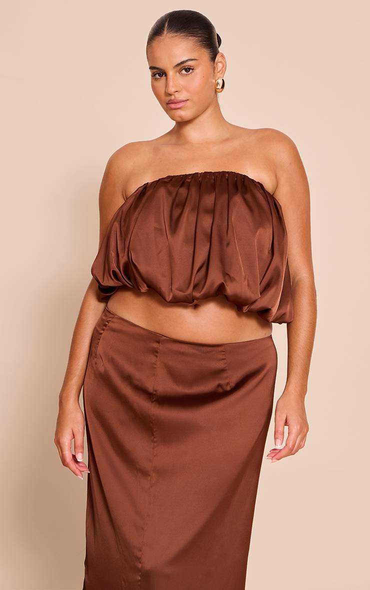 Chocolat Top Bandeau Bouffant En Satin Grande Taille Coordonné