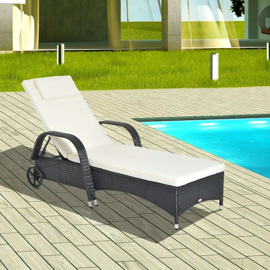 Outsunny Mobile Rattanliege für den Garten schwarz, creme