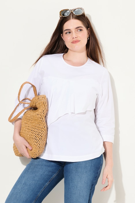 Bluse, Volant, A-Linie, Rundhals, 3/4-Arm, Biobaumwolle