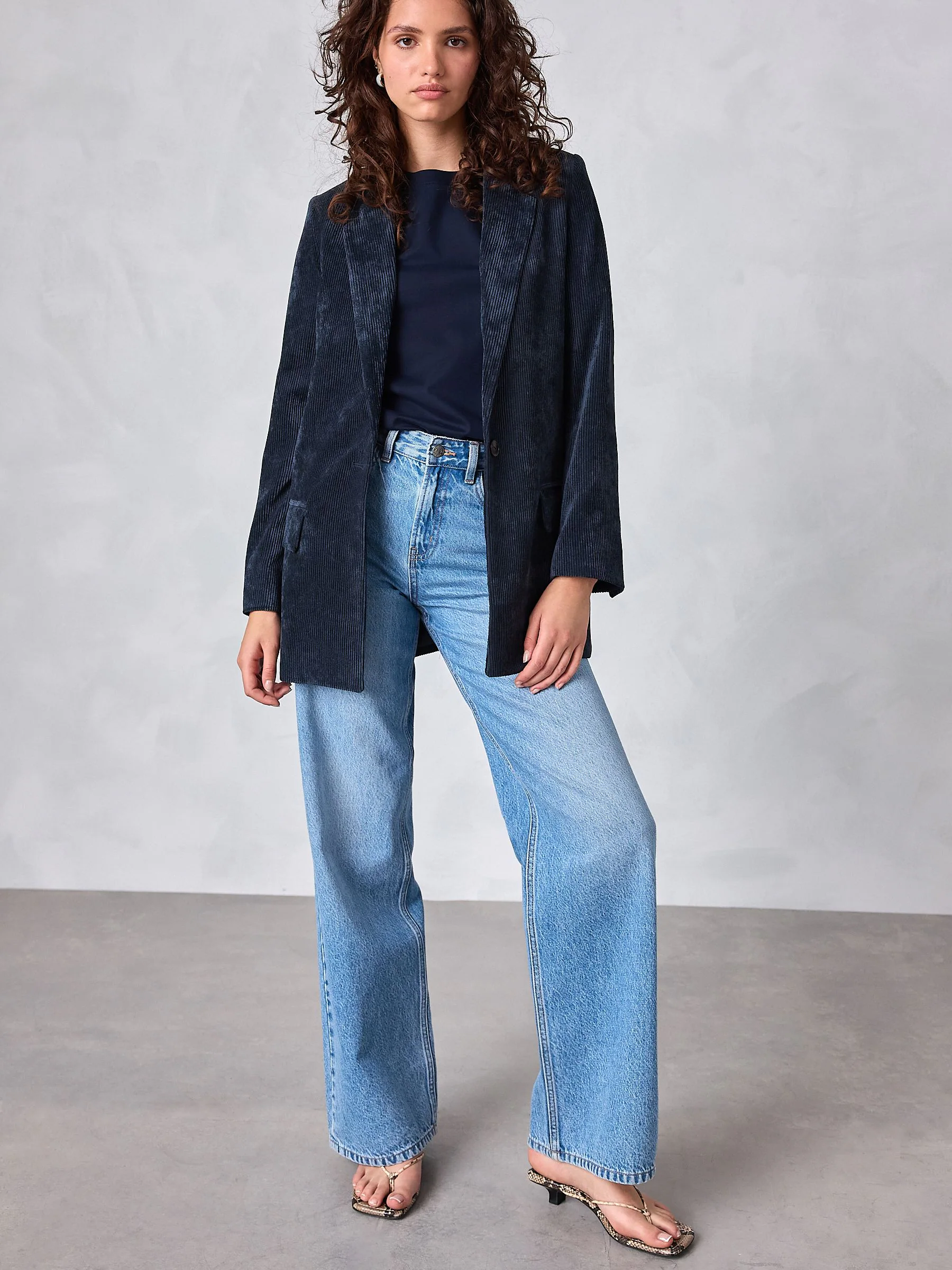 Donkerblauw - Corduroy blazer met enkele rij knopen