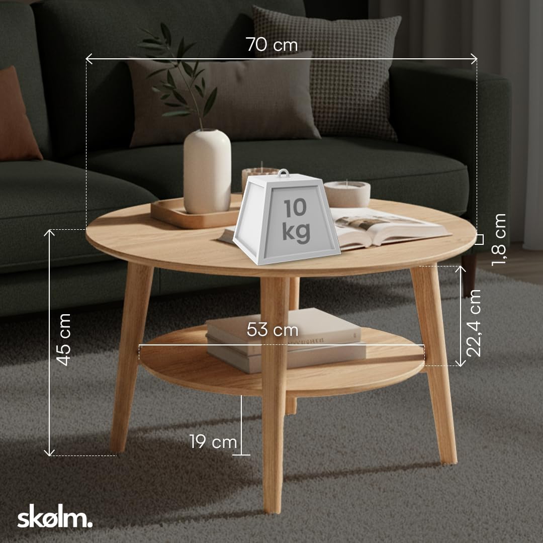 skølm Mjölnir Couchtisch rund Ø70 cm – Wohnzimmertisch aus Eiche Massivholz – Sofatisch mit 2 Ablagen – kleiner Beistelltisch Natur geölt – Holztisch Wohnzimmer mit Stauraum – Coffee Table
