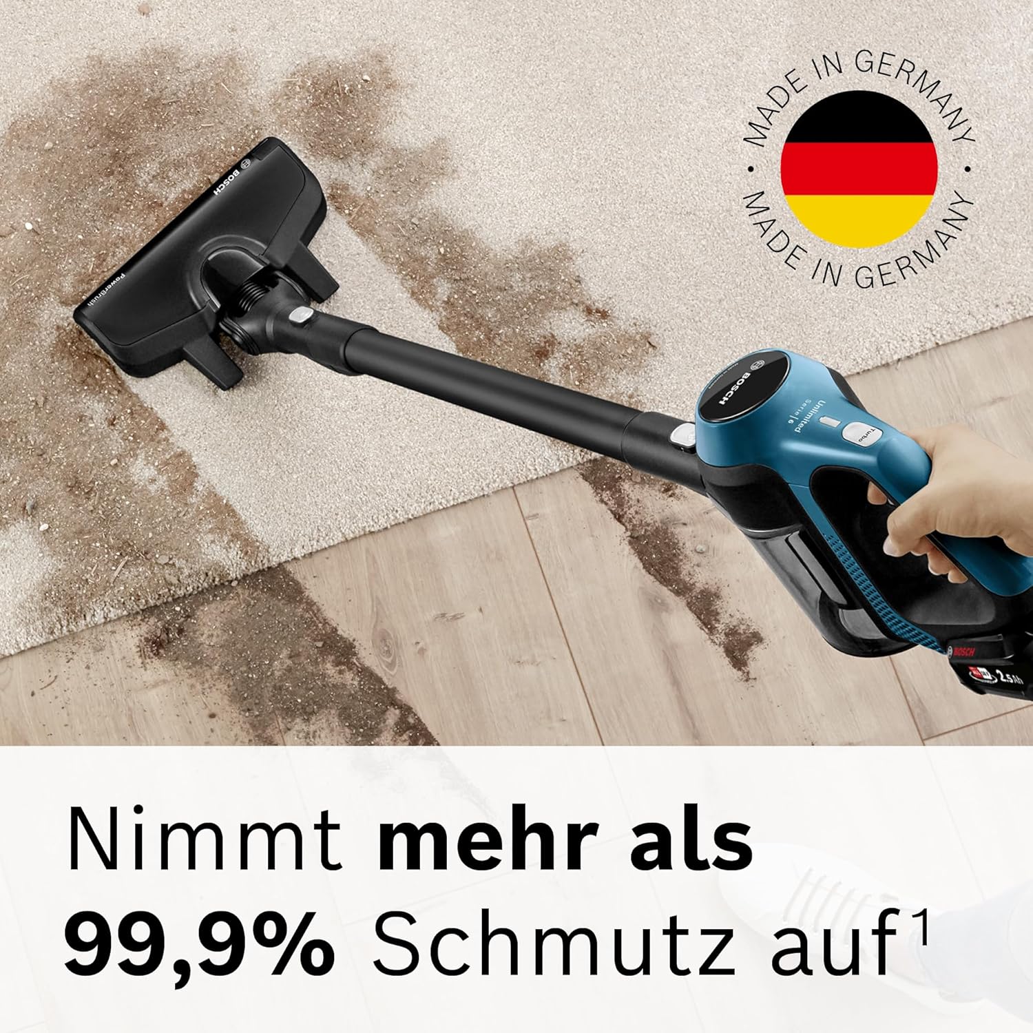 Bosch Akku-Staubsauger Unlimited 6 BKS6111P, kabelloser Handstaubsauger, beutellos, leicht, Hygiene-Filter, 10 Jahre Motorgarantie, hohe Saugleistung, Lange Laufzeit, alle Bodenarten, blau