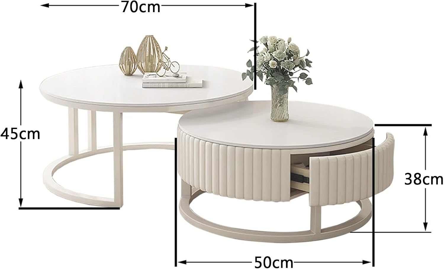 Runder Couchtisch 2er Set, Moderne Hochglanz Marmormuster Nested Satztische, Rund Kaffeetisch Beistelltisch Sofatisch Set Mit Schublade, Für Schlafzimmer Wohnzimmer