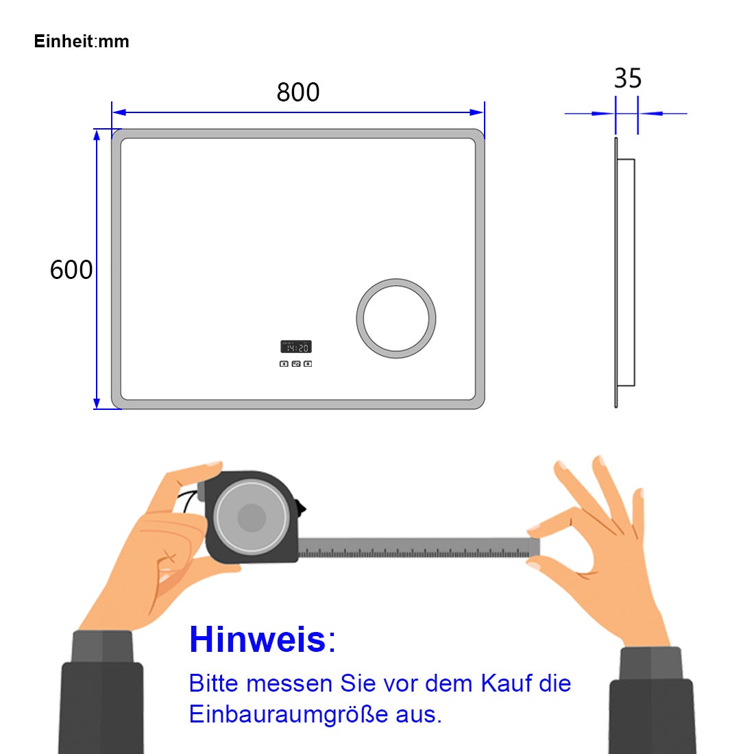 EMKE Badkamerspiegel met verlichting, LED-spiegel met aanraakschakelaar, anti-condens, Bluetooth, 3x vergroting, 80 x 60 cm, koud wit/warm wit/neutraal wit