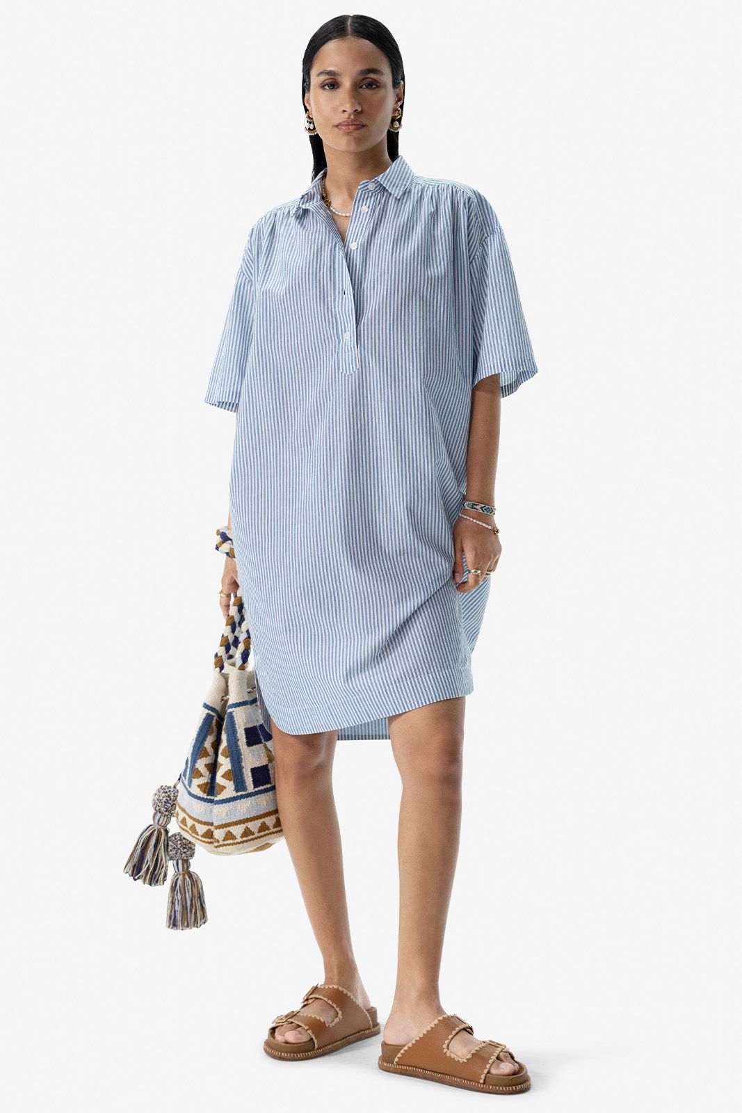 Blauw met wit gestreepte shirt dress