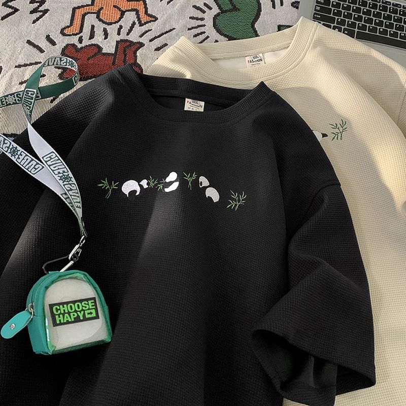 Lingaris - T-shirt met korte mouwen, ronde hals en pandaprint en wafelmotief