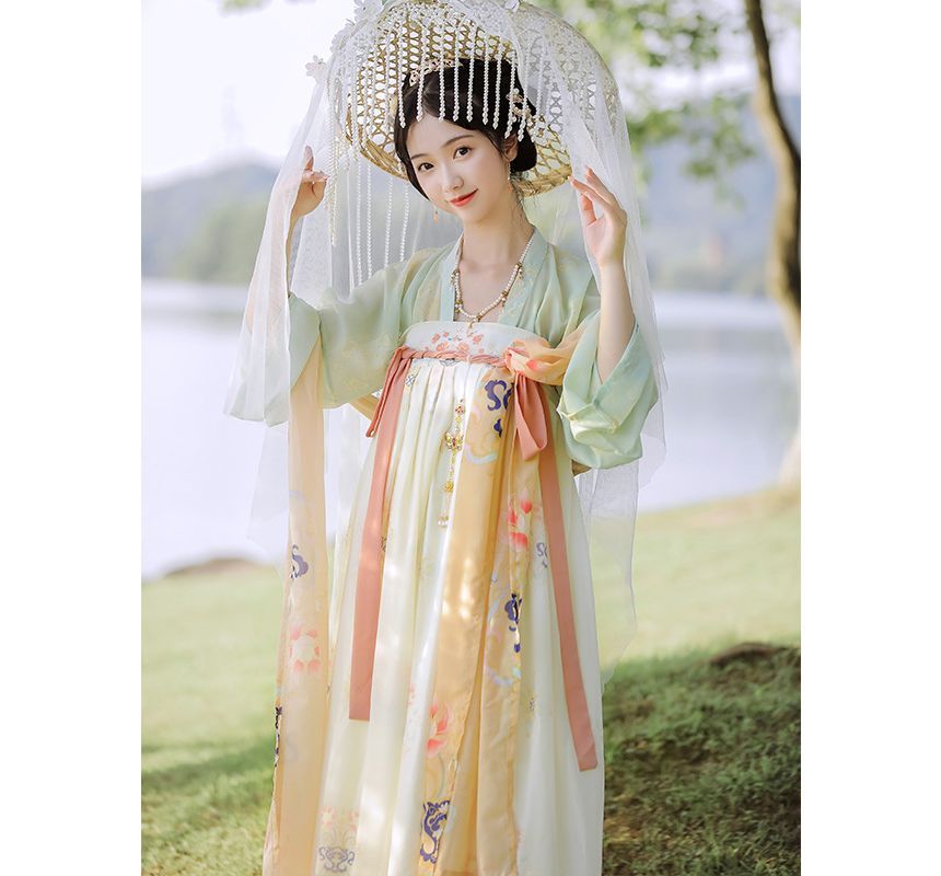 Francoix - Set: Hanfu-top met lange mouwen en print + maxi-A-lijn rok