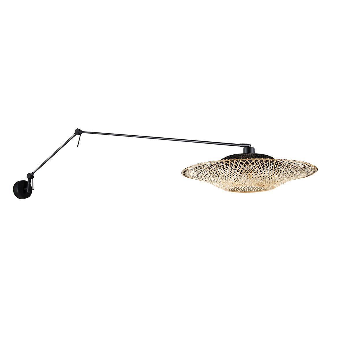 Wandlamp zwart met rotan kap 50 cm verstelbaar - Blitz
