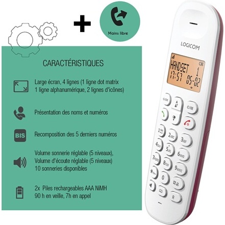 Téléphone sans fil Logicom DECT ILOA 150 SOLO framboise SANS REPONDEUR