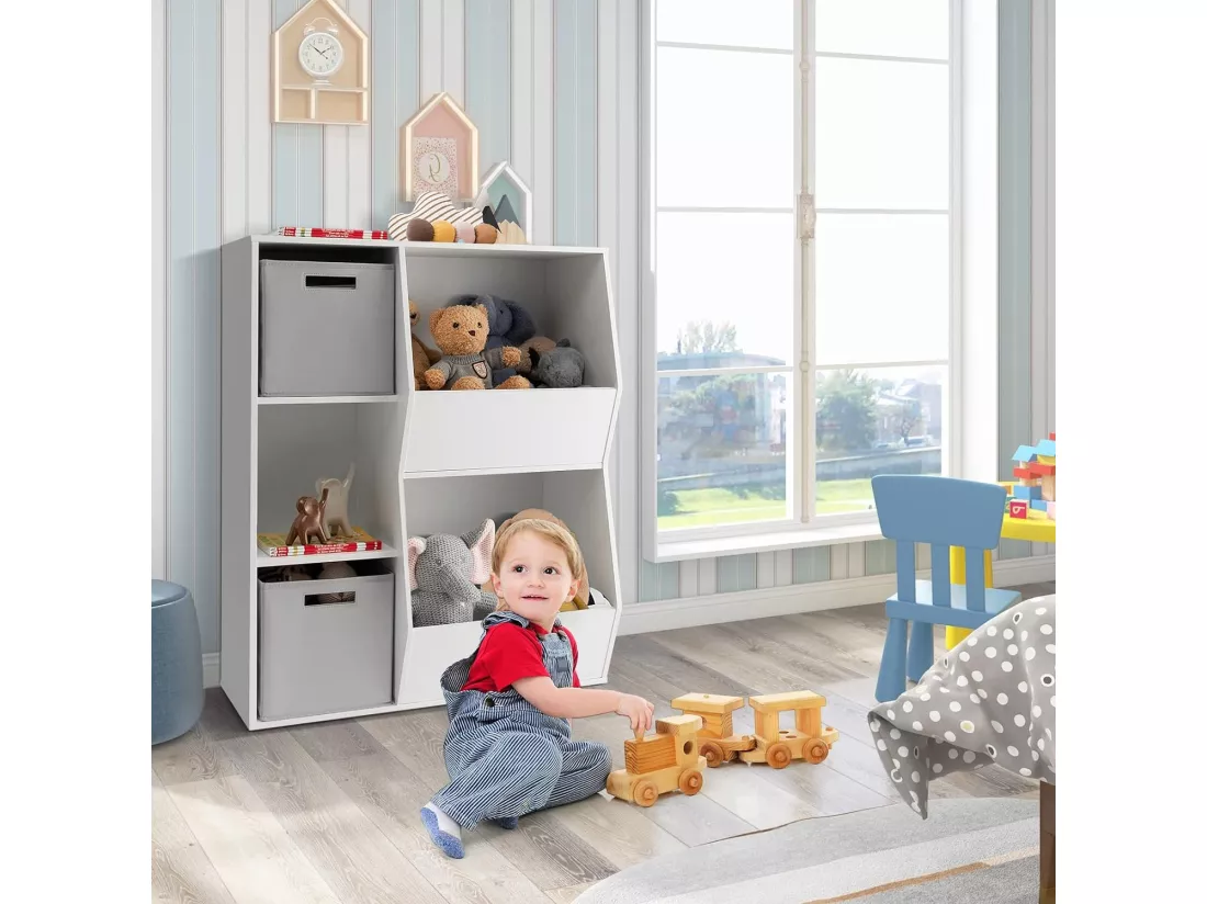 Étagère à Jouets Enfant avec 2 Bacs en Tissu Amovibles, Bibliothèque Enfant avec 3 Étagères Ouvertes & 2 Compartiments, Meuble Rangement Enfant pour Jouets Livres, 77 x 33 x 93,5 cm