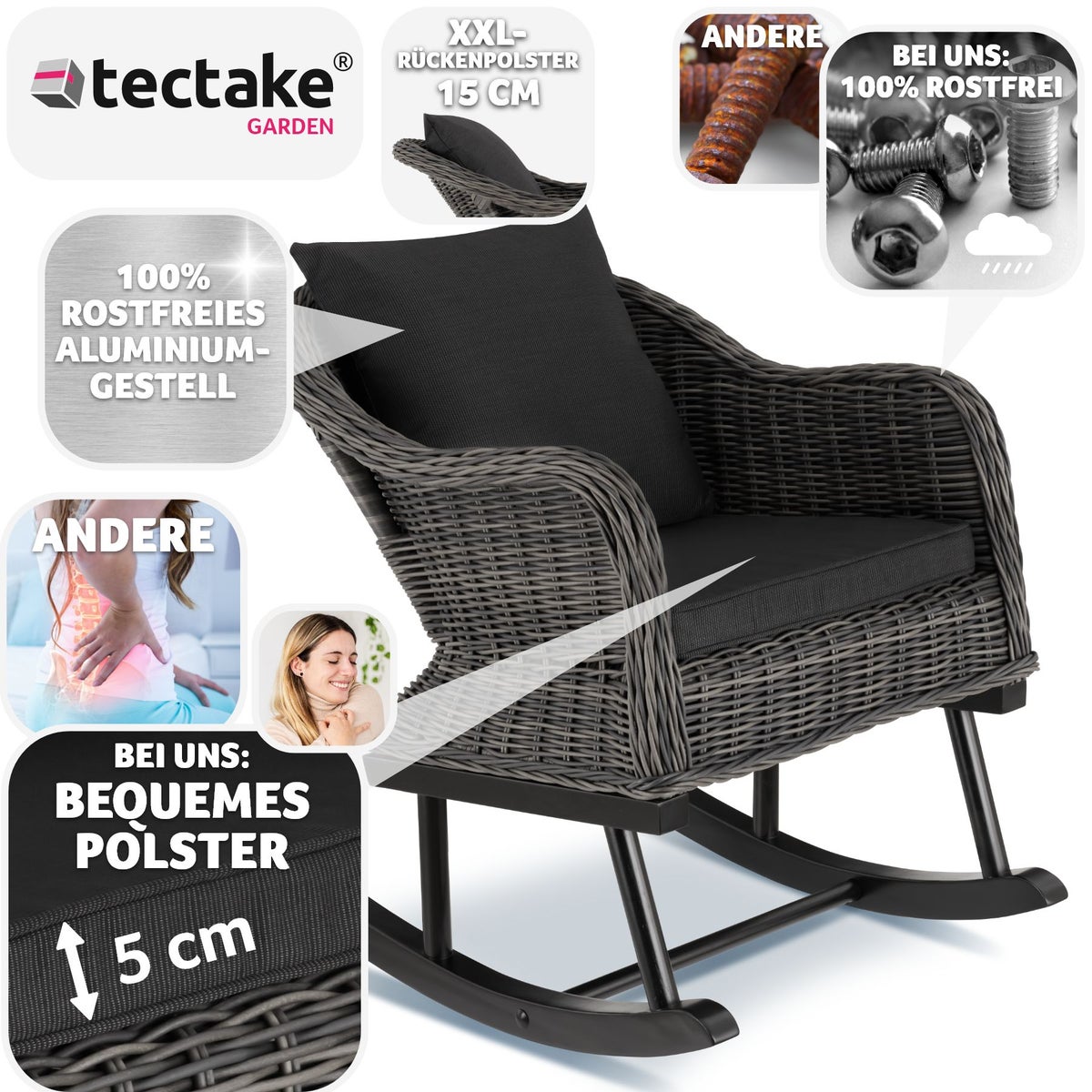 tectake Rovigo rotan schommelstoel, natuurlijk imitatieweefsel met aluminium frame, 57,5 x 85 x 73 cm
