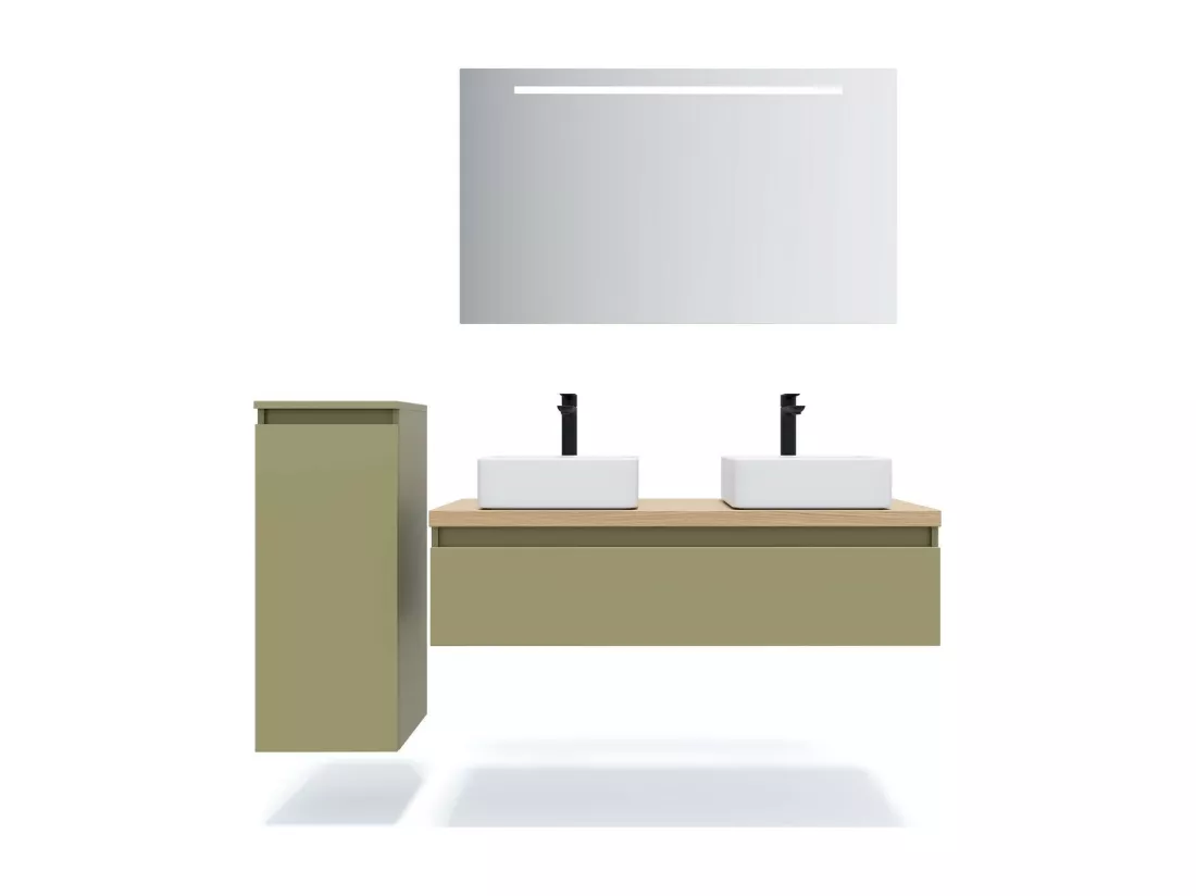 Meuble de salle de bain suspendu 2 vasques à poser 120cm 1 tiroir Vert olive - Hudson