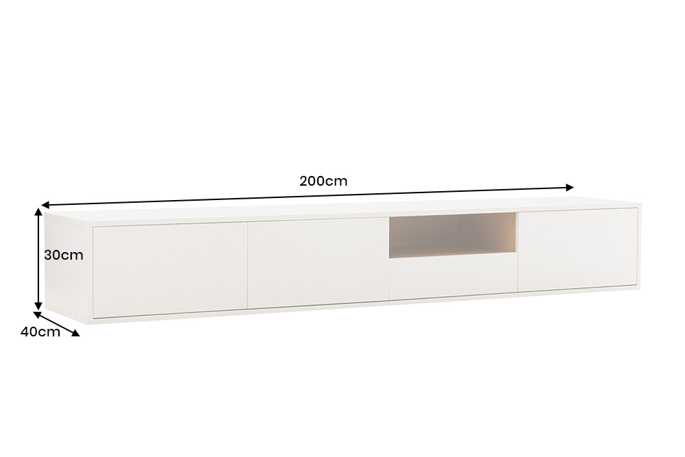 Hängendes TV-Board LOFT 200cm weiß natur sieben Fächer mit Schublade
