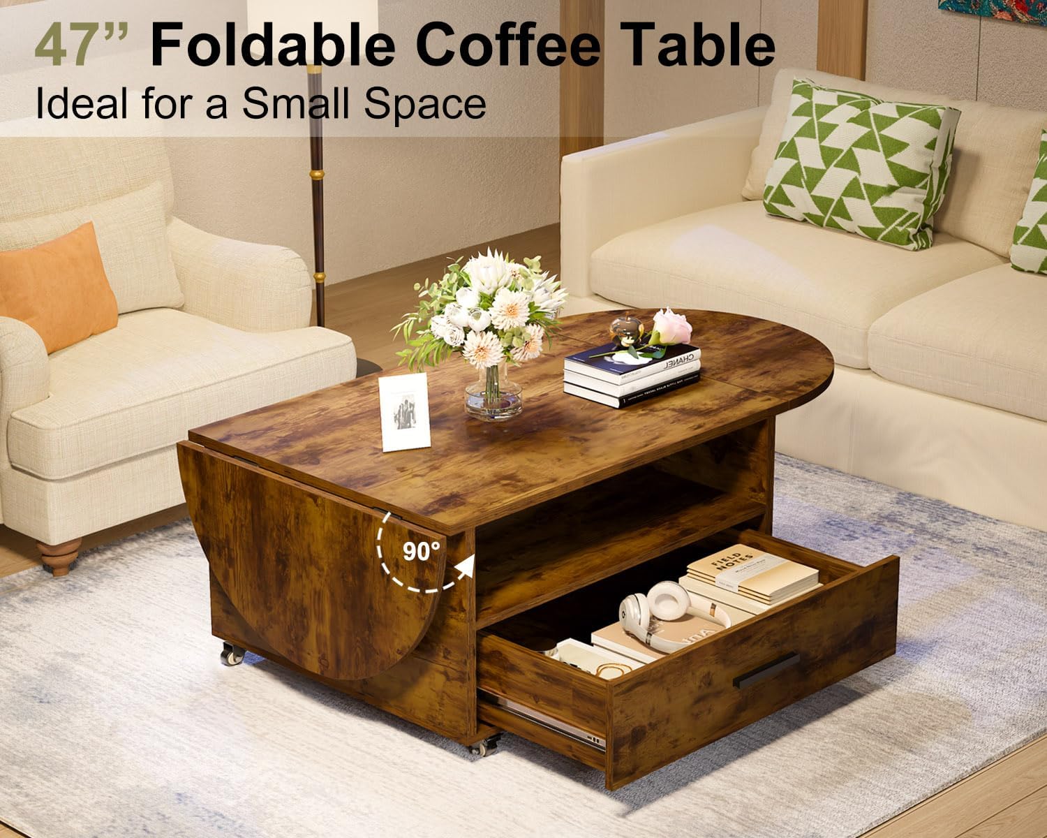 IBF Couchtisch Mit Schublade Stauraum Holz Oval Couchtisch Wohnzimmer Tisch Modern Ausziehbarer Mitteltisch Für Schlafzimmer Multifunktional Rollbarer Teetisch Beistelltische Rustikal Braun 120 cm