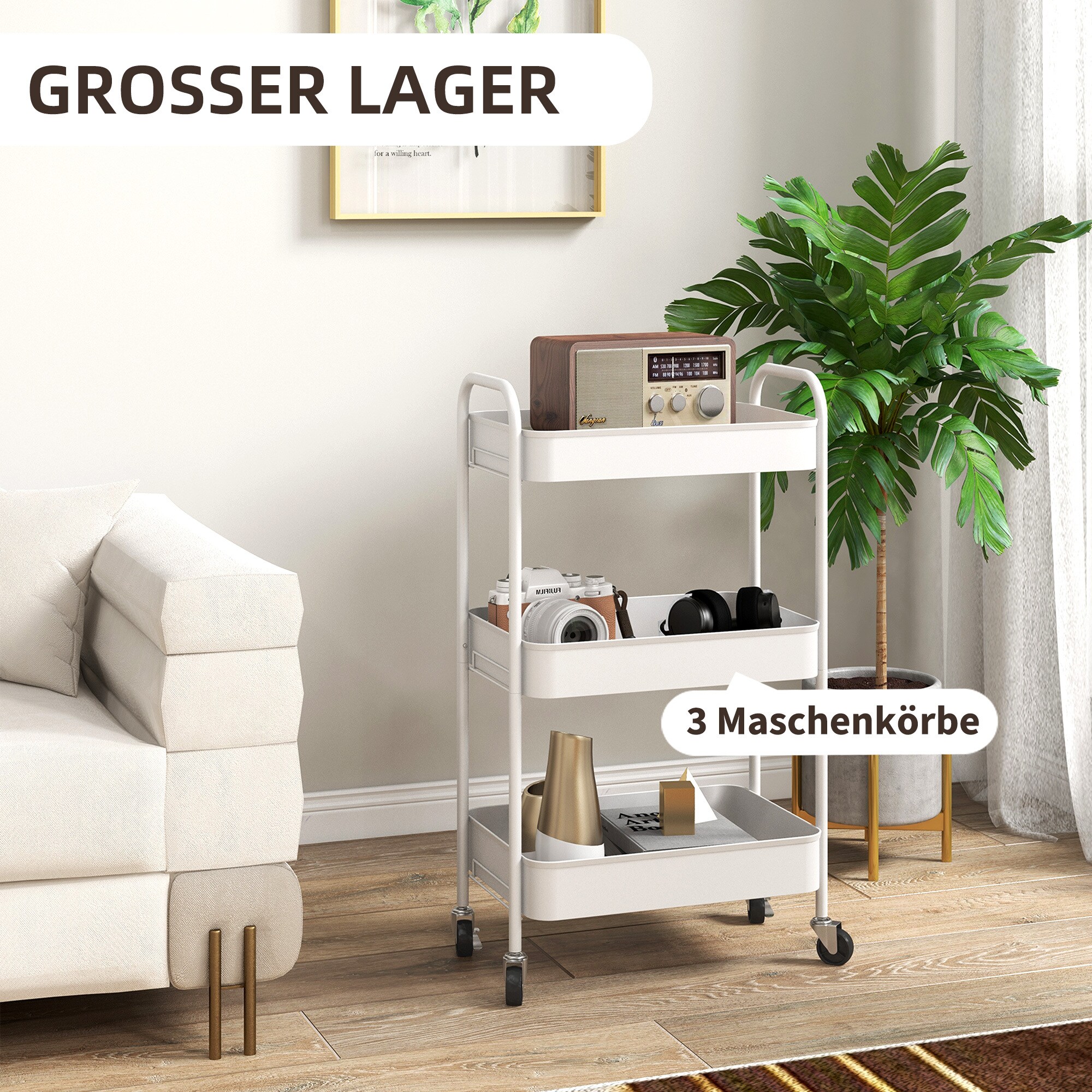 HOMCOM Küchenrollwagen mit 3 Etagen weiß 45L x 30,6B x 79H cm