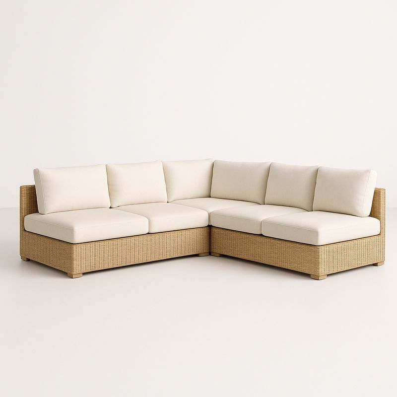 Rattan-Ecksofa mit Beigen Kissen, 5-Sitzer