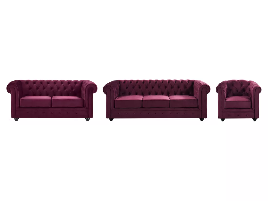 Canapés 3 places, 2 places et fauteuil en velours pourpre CHESTERFIELD