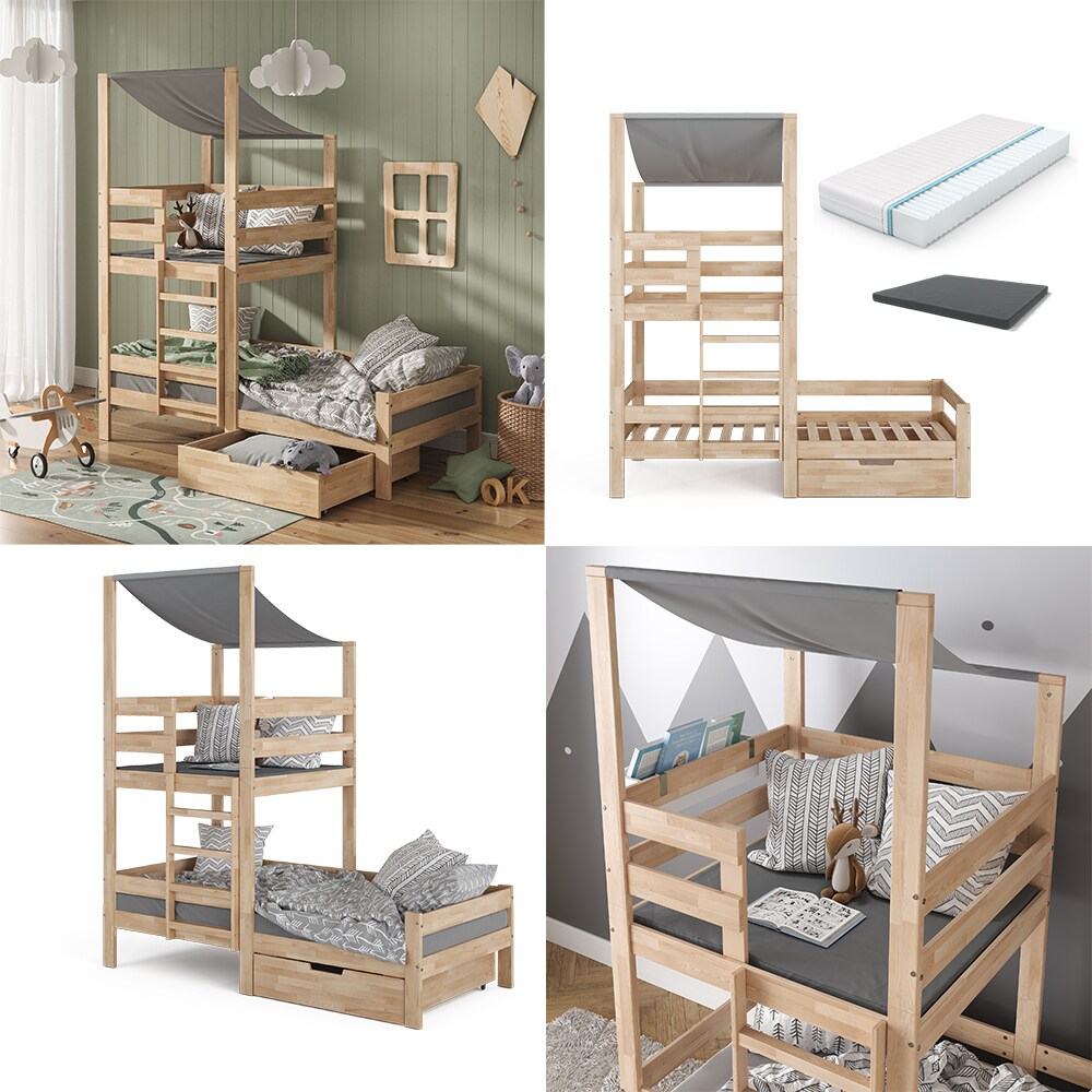 VitaliSpa Spielturmbett Kinderbett Spielbett Tom Natur modern 204x218 cm Massivholz Kinderzimmer Lattenrost Bettleiter Bett Schublade Matratze Abenteuerbett Kletterbett