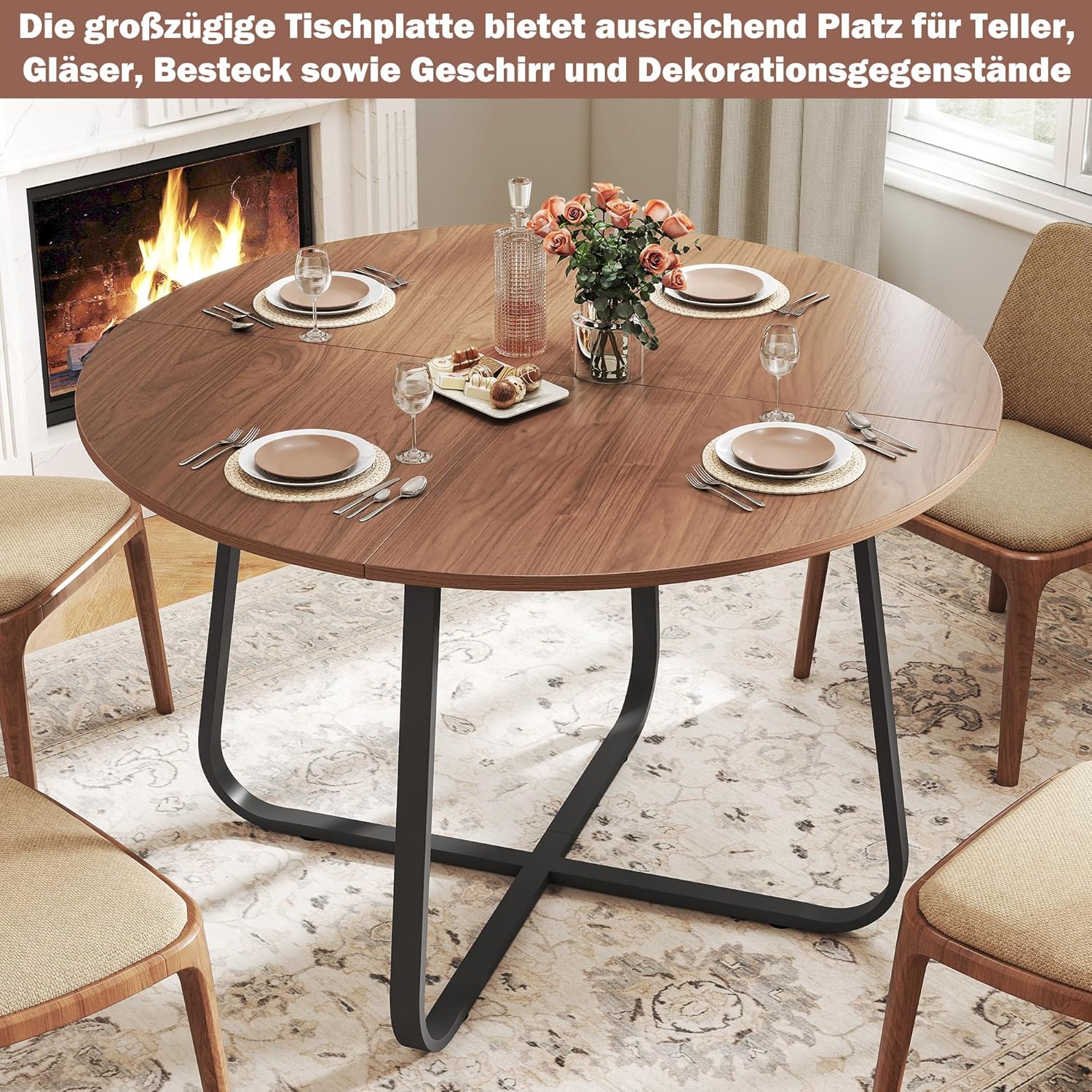 yeshine Runder Esstisch für 4-6 Personen, 120cm Esszimmertisch mit Metallfuß, Küchentisch für Esszimmer, Wohnzimmer, Vintage Braun