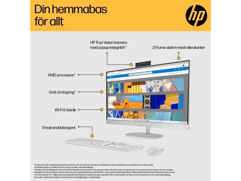 HP 27-cr0001no - Alt-i-én Ryzen 5 7520U / op til 4.3 GHz - RAM 16 GB - SSD 512 GB - NVMe - Radeon 610M - Gigabit Ethernet, Bluetooth 5.3 - Win 11 Home - skærm: LED 27