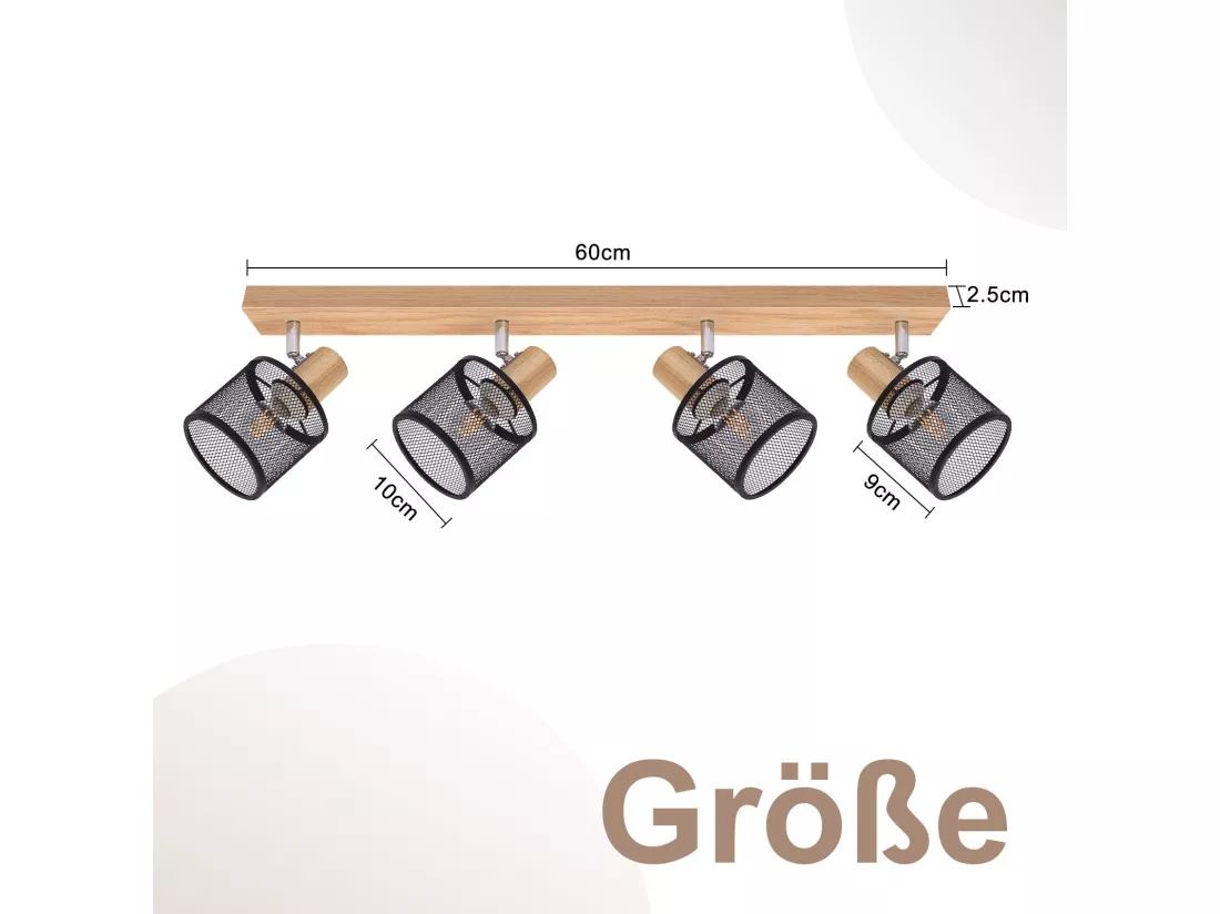NETTLIFE Plafonnier 4 Spots noir aspect bois - plafonnier E14 orientable 350° 4 ampoules max 25w moderne pour salon chambre cuisine.