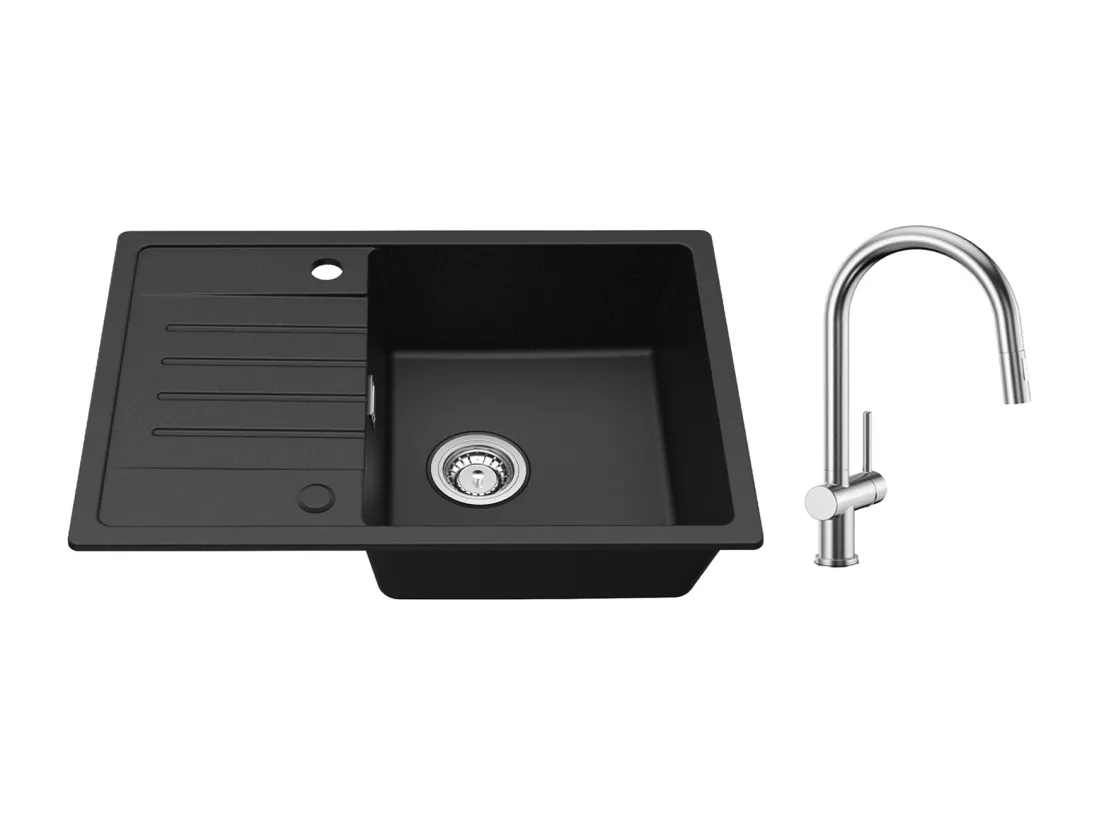 Cecipa max Evier 1 Bac avec Egouttoir Evier à encastrer Quartz et résine Noir 65x45cm + Mitigeur de Cuisine avec Douchette Extractible Brossé