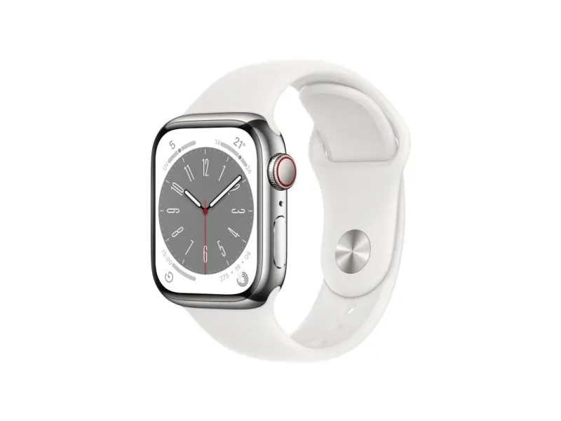 Apple Watch Series 8 (GPS   Cellular) - 41 mm - sølv rustfrit stål - smart ur med sportsbånd - fluoroelastomer - hvid - båndstørrelse: Almindelig - 32 GB - Wi-Fi, Bluetooth, LTE, UWB - 4G - 42.3 g