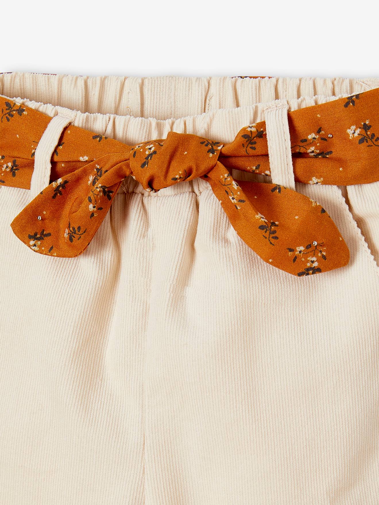 Calça de veludo com cinto de tecido, para bebê, bege claro liso