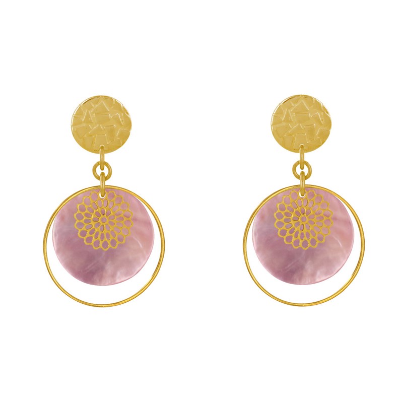 Boucles d'Oreilles Clous Métal Doré Cercle et Pastille de Nacre
