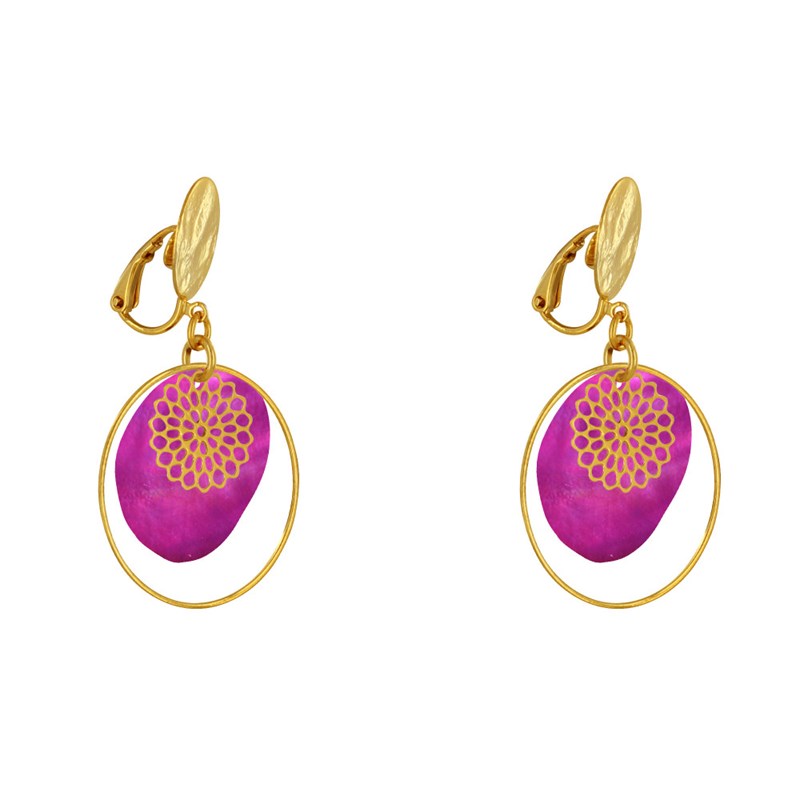 Boucles d'Oreilles Clip Métal Doré Cercle et Pastille de Nacre