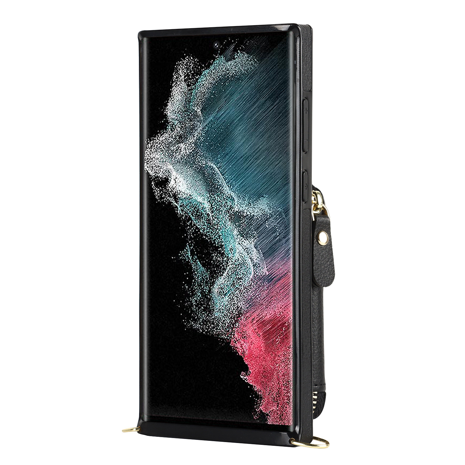 Samsung Galaxy S23 Ultra 5G Necklace Leder Schutz Hülle mit Kartenfächer   Handykette (140cm) - Schwarz