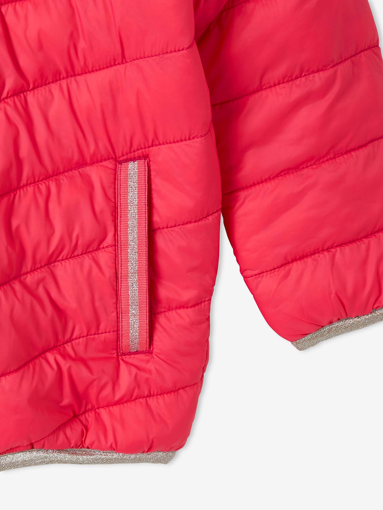 Jaqueta reversível leve com capuz para meninas, estampa rosa vibrante.