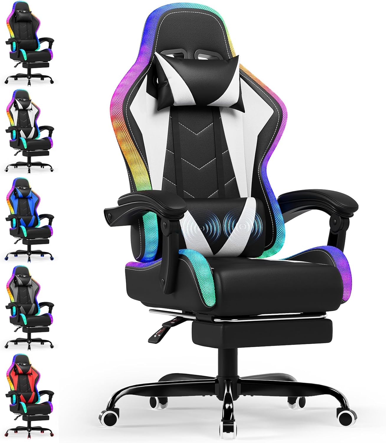 Devoko LED Gaming Stuhl, Cool und Augenschonendes. Ergonomischer Bürostuhl mit Massagefunktion, Teleskop-Fußstütze, Verstellbarem Rückenlehnen von 90-135°,Gamer Stuhl 150 kg belastbarkeit, Weiß