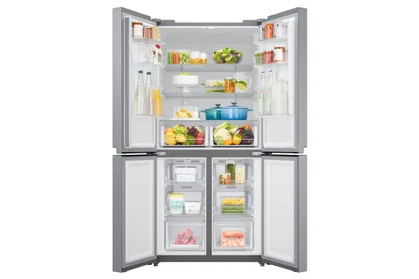Samsung RF48A400EM9, Fritstående, Fransk dør, Rustfrit stål, Berøring, På døren, Hærdet glas